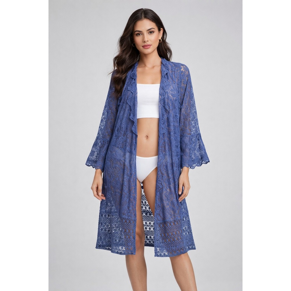 2/$30 John Mark Open Kimono Duster Women Sz XL Blue/Purple Lace Intimates Robe